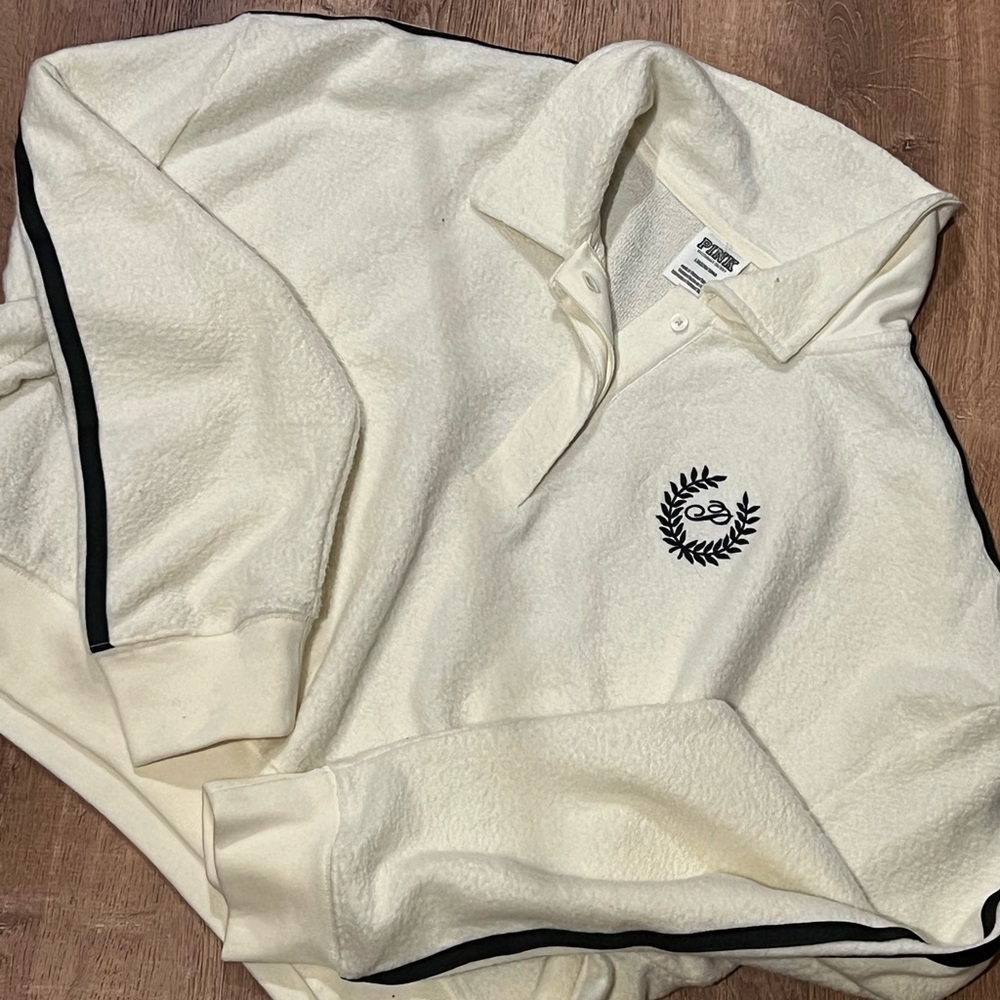 Pink White Polo Sweatshirt with Black Accents